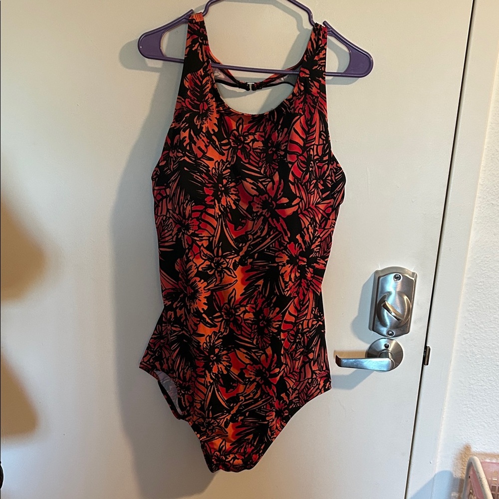 Floral One-Piece Swimsuit in Black and Red-Orange